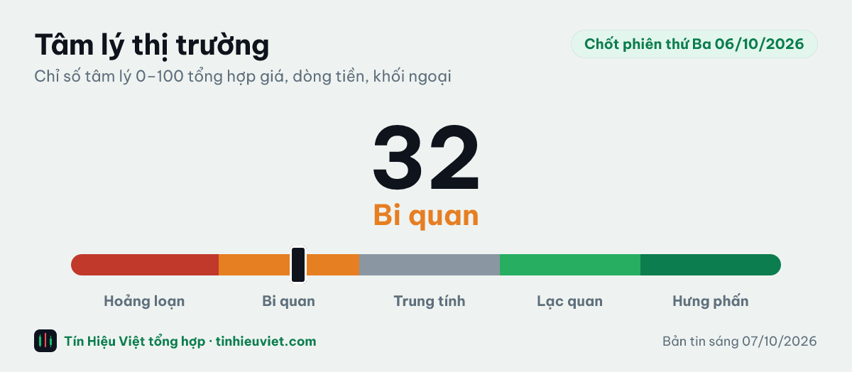 Chỉ số tâm lý thị trường chốt phiên thứ Ba 06/10/2026: 32 điểm, vùng Bi quan