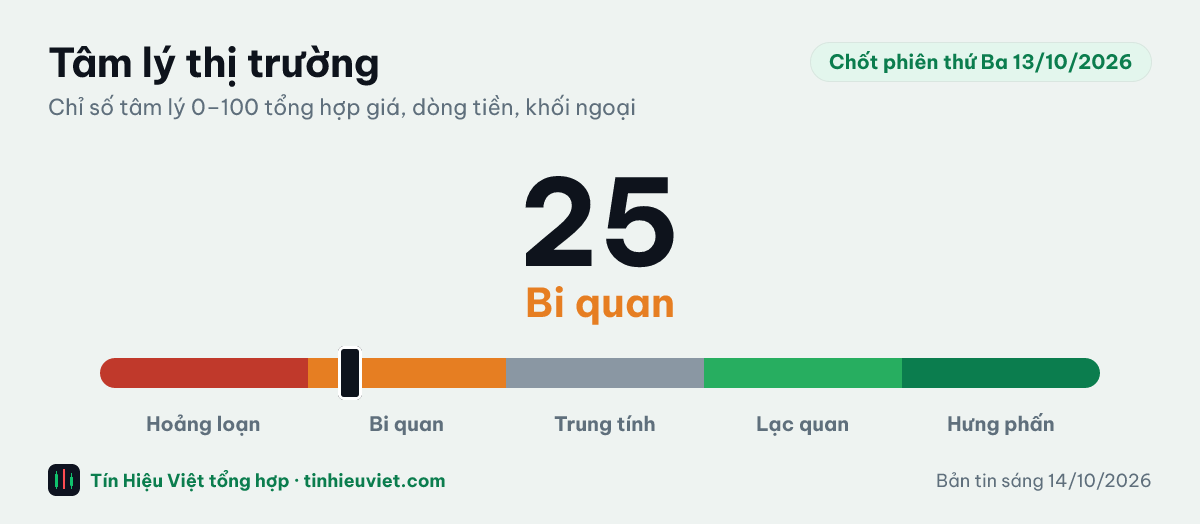 Chỉ số tâm lý thị trường chốt phiên thứ Ba 13/10/2026: 25 điểm, vùng Bi quan