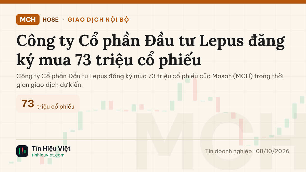 MCH: MCH: Công ty Cổ phần Đầu tư Lepus đăng ký mua 73 triệu cổ phiếu